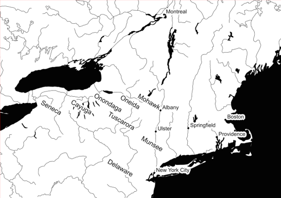 Map of the northeastern United States showing the Haudenosaunee Five Nations.