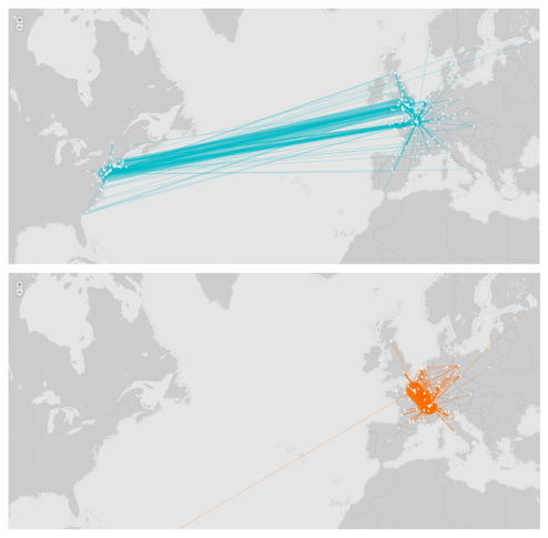 2 maps of the Atlantic, one showing Franklin's cross Atlantic network and one showing Voltaire's network mostly contained to Europe.